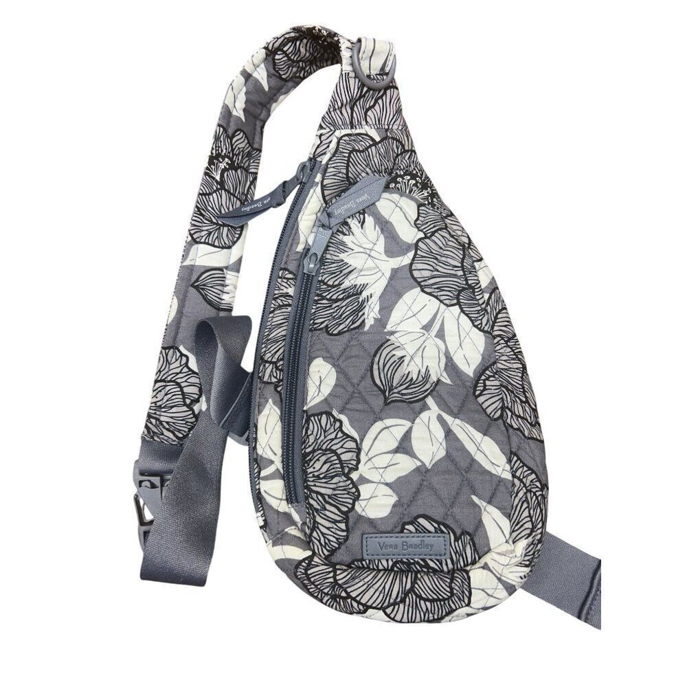 Vera Bradley Gray & White Floral Quilted Crossbody Sling Bag Adjustable Strap